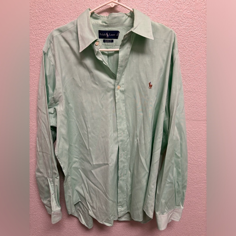 Ralph Lauren Button Up Shirt 16.5 34/35 Classic Fit Green Flesh Pony Preppy